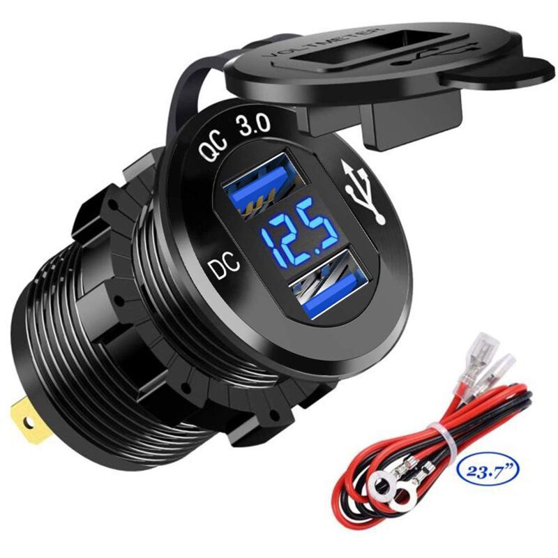 foto del prodotto caricabatterie usb rapido per auto doppie porte usb qc3.0 impermeabile con voltmetro digitale a led