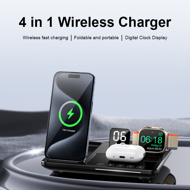 foto del prodotto caricabatterie wireless 4 in 1, caricabatterie a induzione rapida certificato qi da 15 w con visualizzazione dell ora e sveglia per iphone 16, 15,