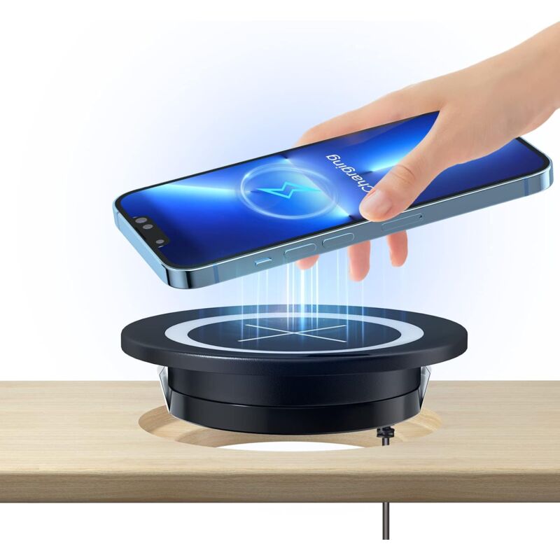 foto del prodotto caricabatterie wireless qi per mobili caricabatterie a induzione integrato compatibile con qi con foro di inserimento integrato da 60 mm di diametro