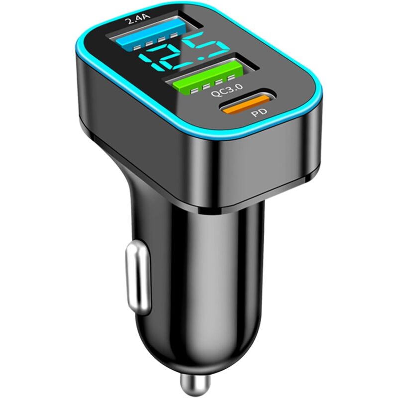 foto del prodotto caricatore usb per auto, caricatore per auto qc3.0 pd usb 2.4a da 66 w, caricatore per accendisigari usb con voltmetro led, compatibile con ios,