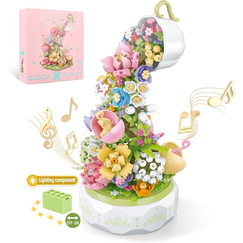 foto del prodotto carillon rotante a forma di fiore con luce, collezione botanica di fiori artificiali, set da costruzione per carillon, bouquet di fiori creativi,