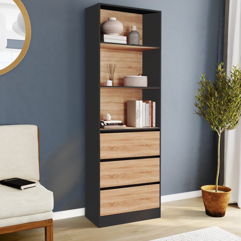 foto del prodotto carla libreria a 3 livelli con 3 cassetti neri ed effetto legno h.190 cm