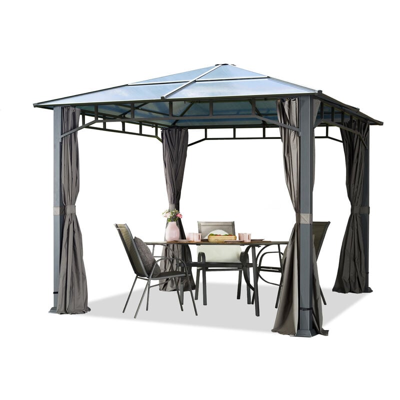 foto del prodotto carpasol gazebo da giardino 3x3 m alu deluxe con tetto in policarbonato da 4 pareti laterali color grigio profilo da ca. 9x9 cm