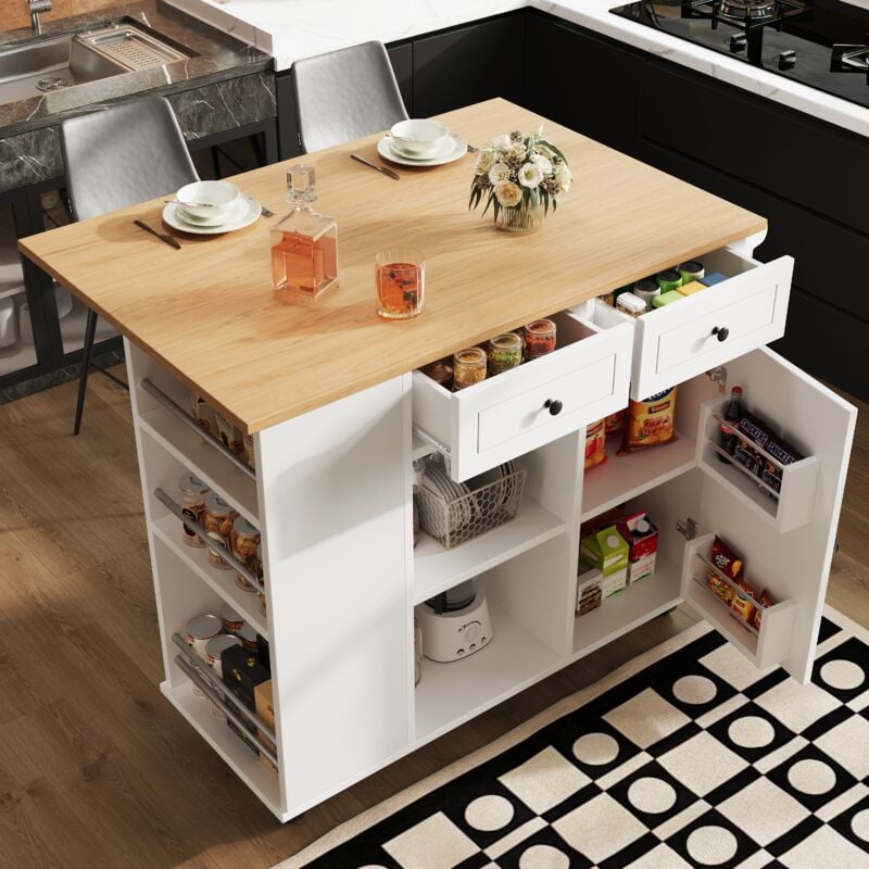 foto del prodotto carrelli da cucina 120x42x91,5cm con tavoli pieghevoli, 2 cassetti 1 anta, credenza, mobile da cucina, mdf e metallo, bianco