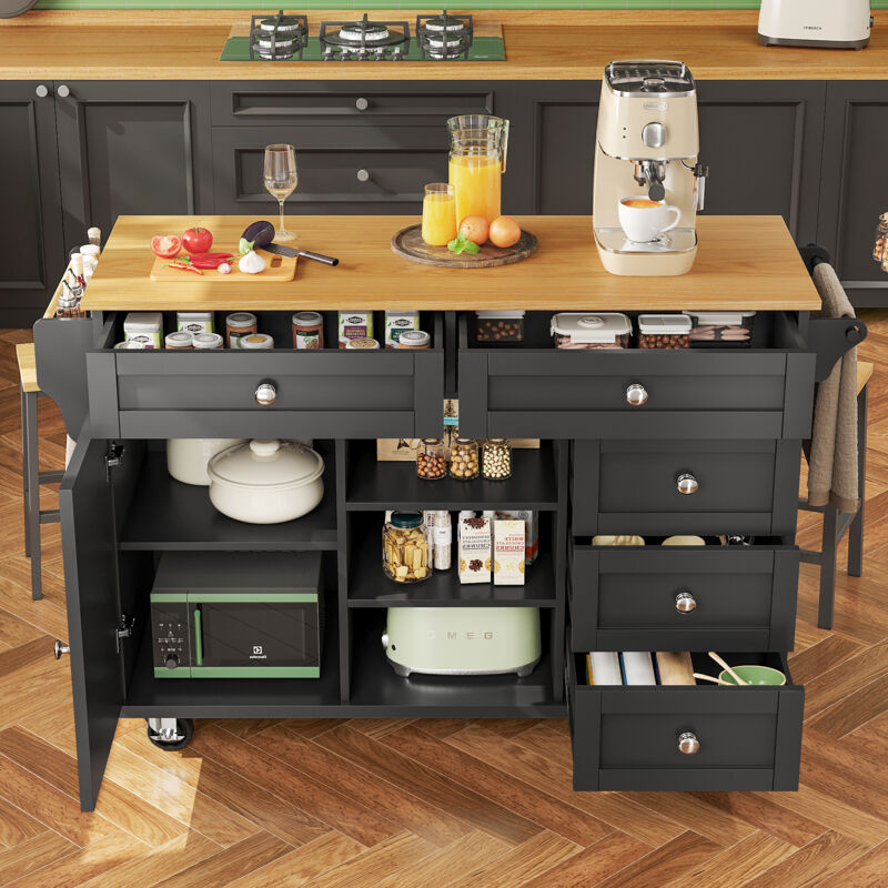 foto del prodotto carrelli da cucina 134x46x92 cm, credenza, cassettiere, 5 cassetti e 1 anta, mdf, nero