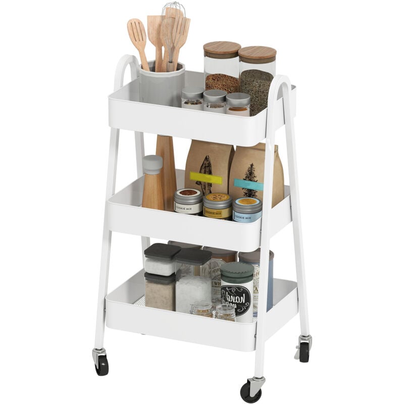 foto del prodotto carrellino da cucina a 3 livelli, ruote con freno e maniglie, bianco homcom