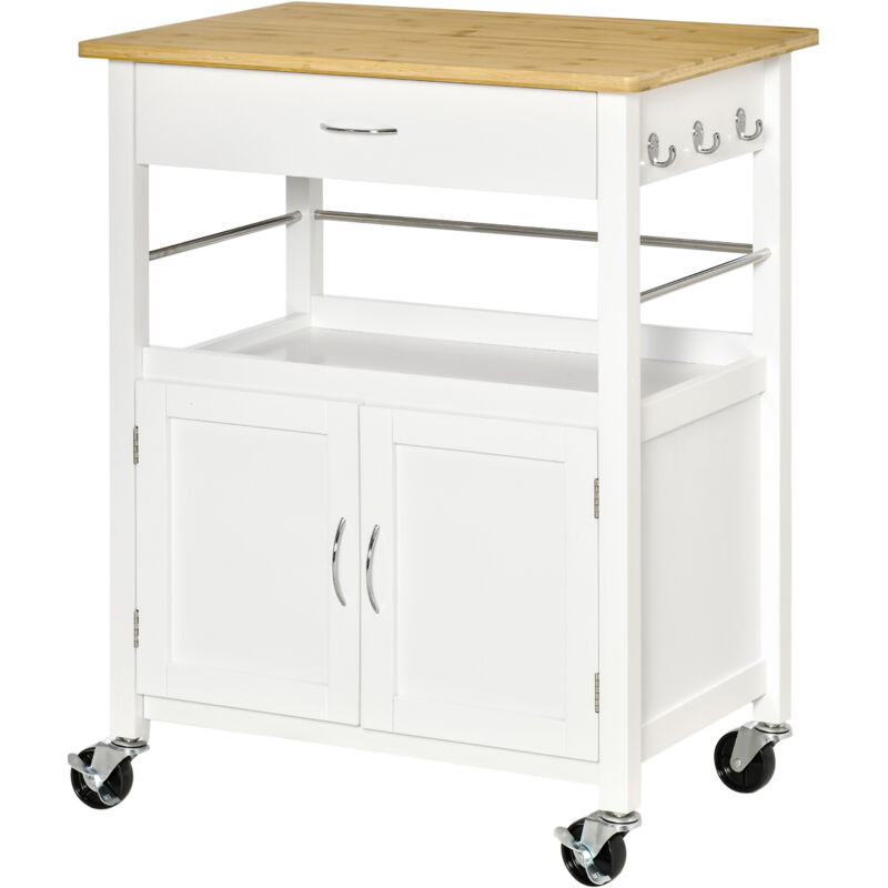 foto del prodotto carrellino per cucina con armadietto e cassetto, 4 ruote e piano in bamb homcom