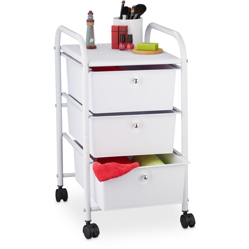 foto del prodotto carrellino salvaspazio con 3 cassetti, metallo plastica, carrello porta trucchi da bagno, multiuso, bianco relaxdays