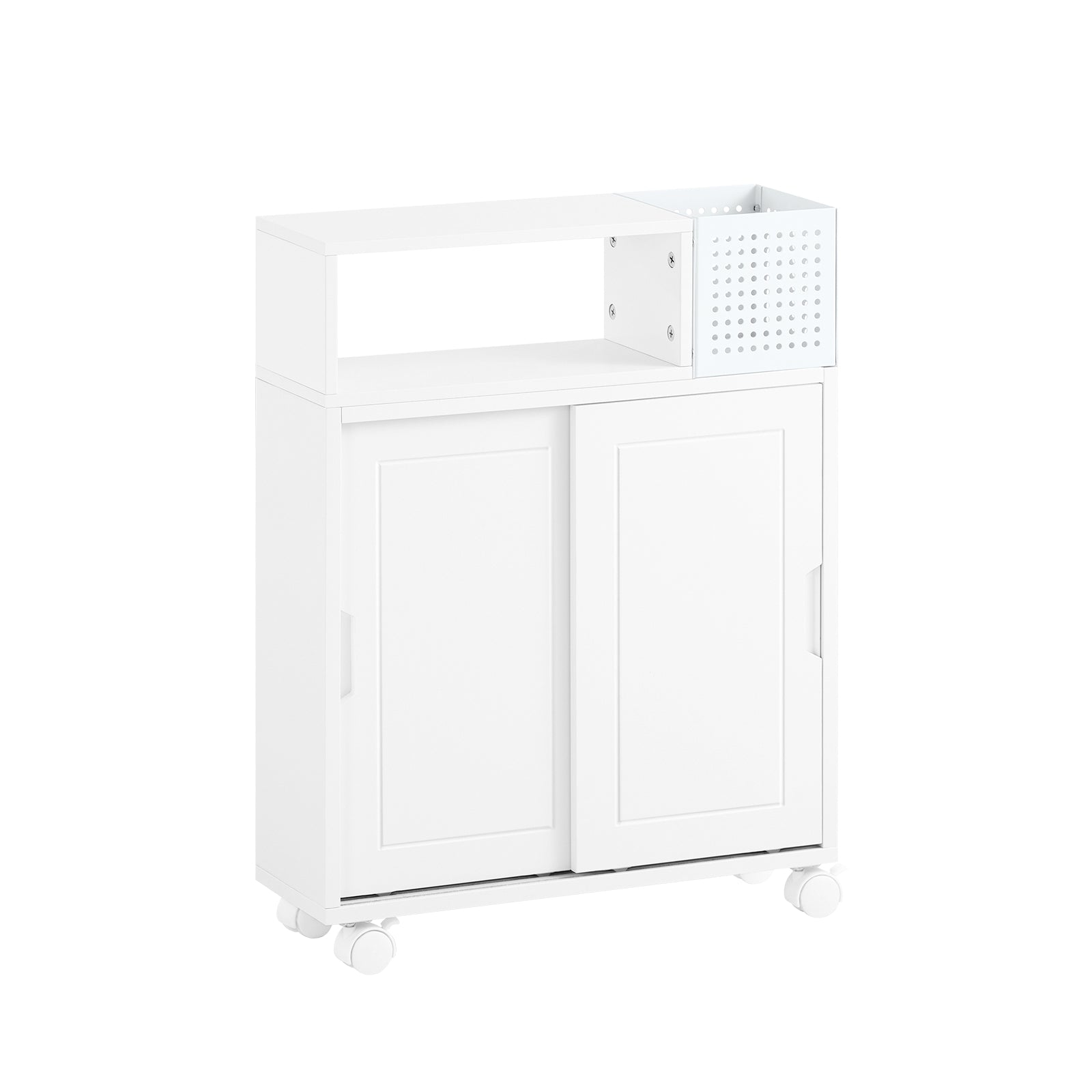 foto del prodotto carrellino salvaspazio con due ante scorrevoli mensola nicchia 17cm con ruote mobile bagno porta carta bianco 17x52x69cm bzr176 w