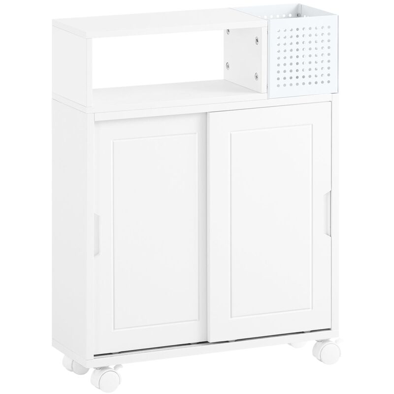 foto del prodotto carrellino salvaspazio con due ante scorrevoli mensola nicchia 17cm con ruote mobile bagno porta carta bianco 17x52x69cm bzr176 w sobuy