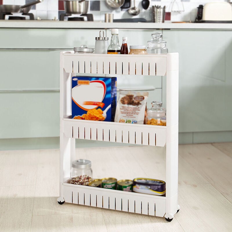 foto del prodotto carrellino scaffale stretto salvaspazio cucina bagno a 3 ripiani con ruote in plastica portaoggetti mensola angolare cucina 54.512.571cm