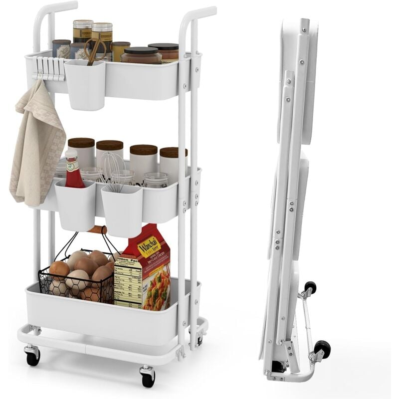 foto del prodotto carrello a 3 ripiani, carrello da cucina pieghevole con 3 tazze appendibili e 6 ganci, carrello da conservazione multiuso per casa ufficio, 45 x 37 x