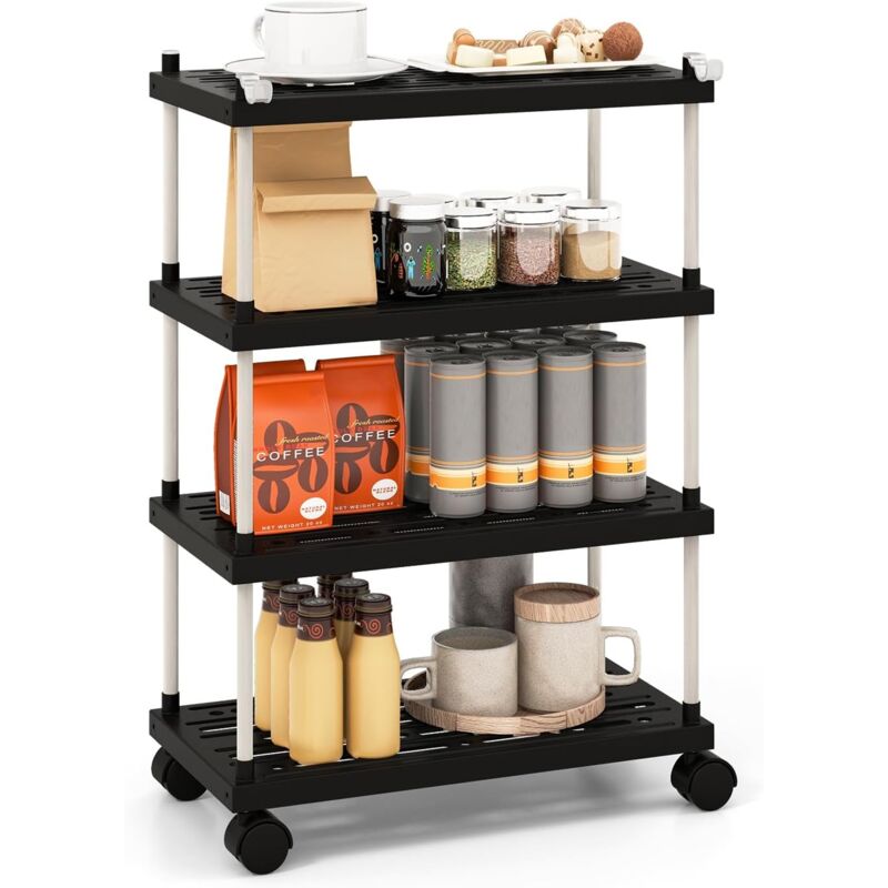 foto del prodotto carrello a 4 livelli con ruote bloccabili, ganci laterali, per cucina, bagno, ufficio, piccoli spazi, nero, 40 x 21 x 60 cm goplus