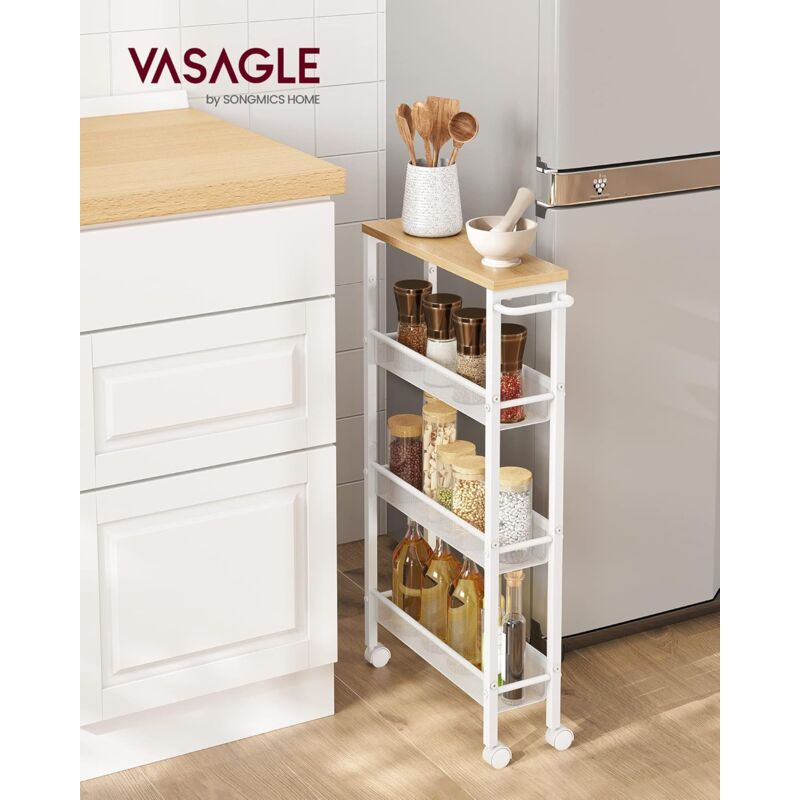 foto del prodotto carrello a 4 ripiani, carrello cucina salvaspazio con ruote, struttura in acciaio, maniglia, carrellino piccoli spazi, bagno salotto studio, beige