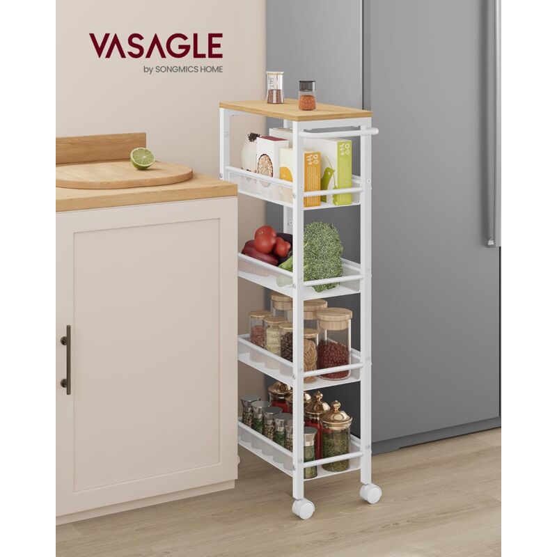 foto del prodotto carrello a 5 ripiani, carrello cucina salvaspazio con ruote, struttura in acciaio, maniglia, carrellino piccoli spazi, bagno salotto studio, beige