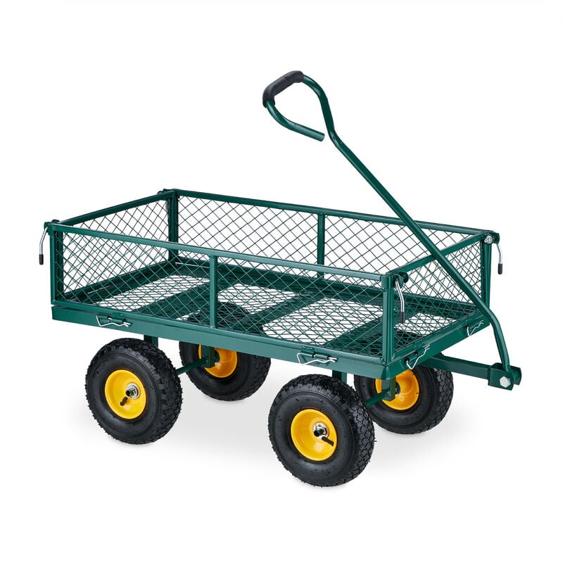 foto del prodotto carrello a mano, pratico carretto per giardino, trasporto carichi, sponde pieghevoli, max. 200kg, verde giallo relaxdays