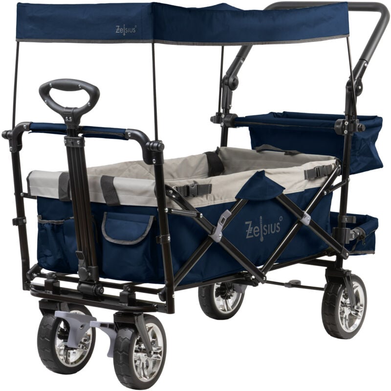 foto del prodotto carrello a mano zelsius pieghevole con tetto, blu grigio, carrello di trasporto con sistema a cinghia, carrello da spiaggia