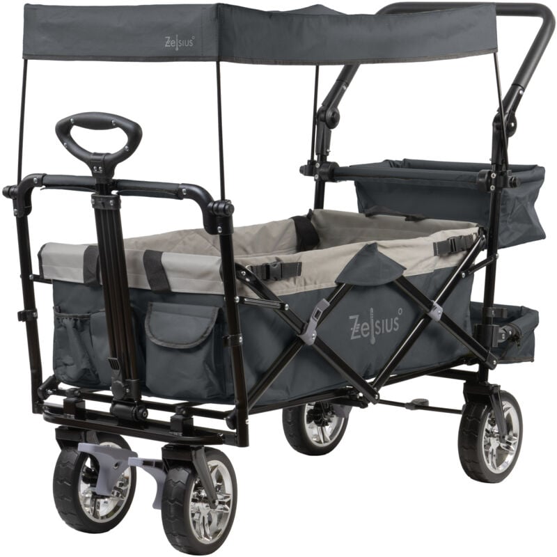 foto del prodotto carrello a mano zelsius pieghevole con tetto, grigio, carrello di trasporto con sistema a cinghia, carrello da spiaggia