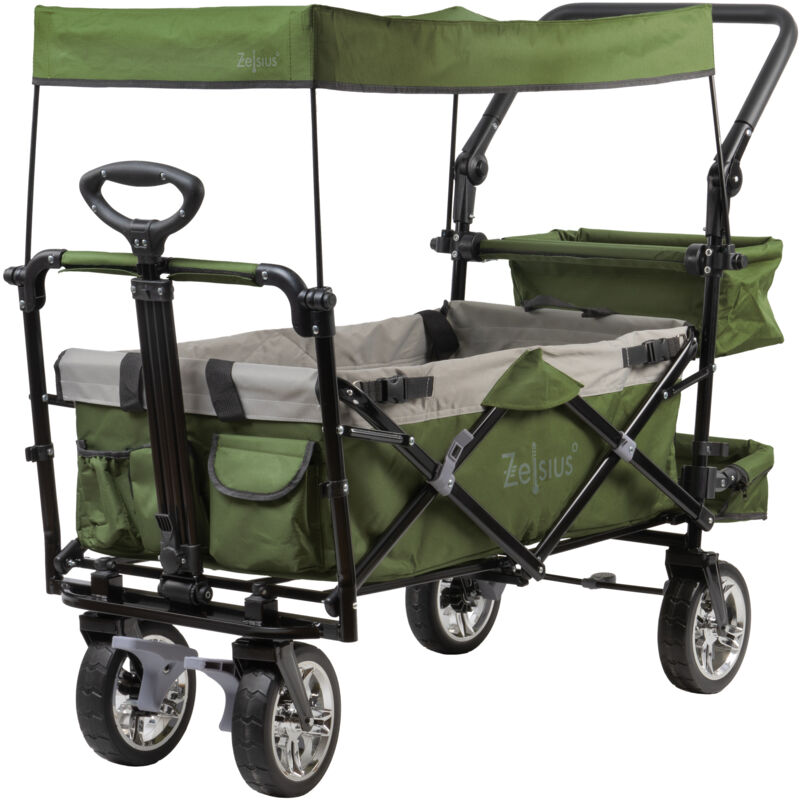 foto del prodotto carrello a mano zelsius pieghevole con tetto, verde grigio, carrello di trasporto con sistema a cinghia, carrello da spiaggia