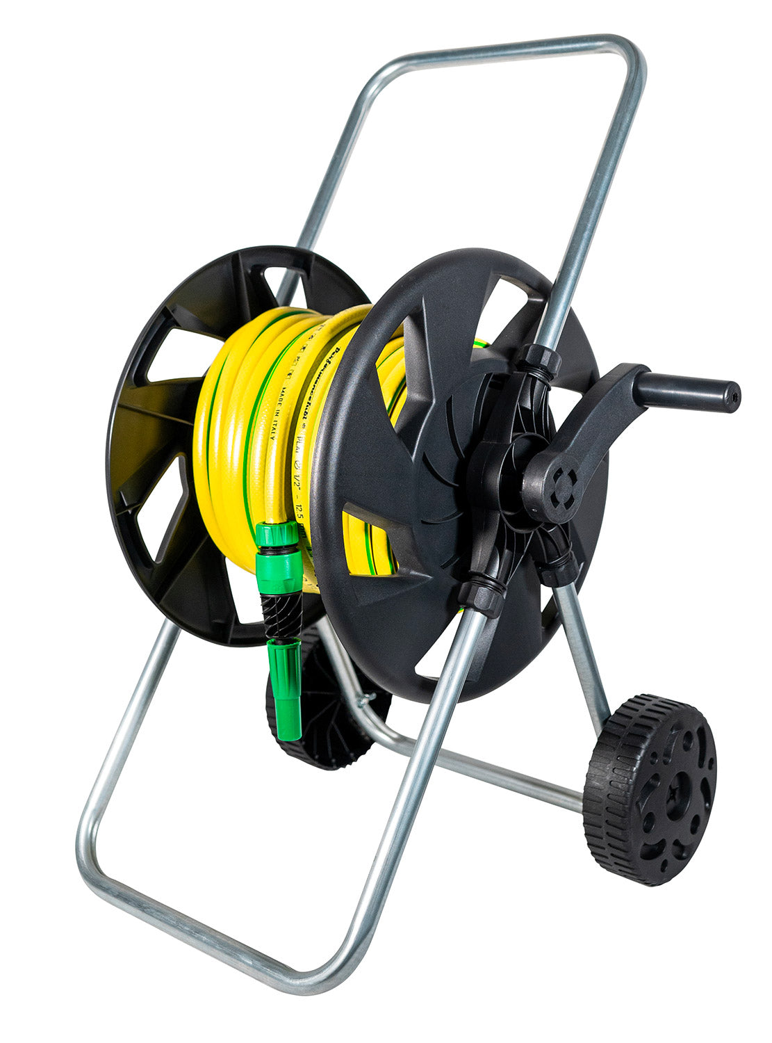 foto del prodotto carrello avvolgitubo manuale in acciaio con tubo 25 mt e accessori agrati nero