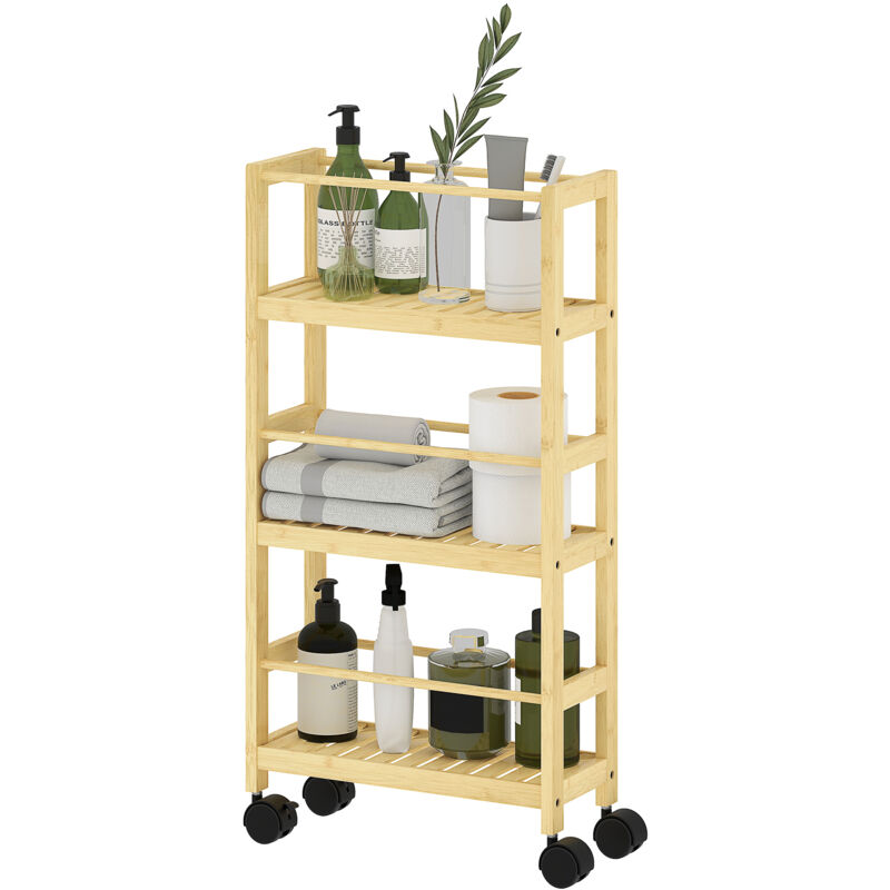 foto del prodotto carrello bagno a 3 livelli a doghe con ruote 36x15x73cm colore legno homcom