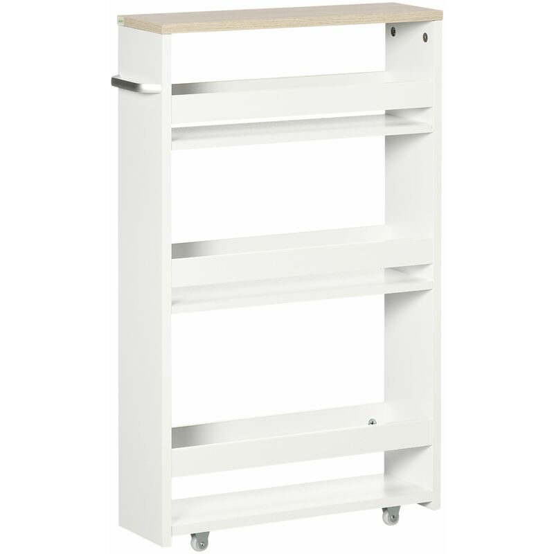 foto del prodotto carrello bagno salvaspazio a 3 ripiani 48x15x80 cm con rotelle e maniglia in legno bianco
