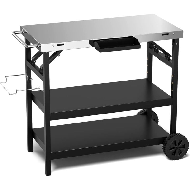 foto del prodotto carrello barbecue da esterno con 3 ripiani, carrello da cucina esterno con ripiano regolabile, carrello multifunzionale per esterno, struttura in