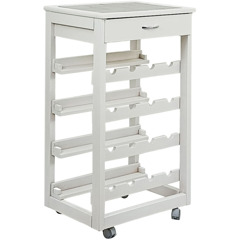 foto del prodotto carrello cantinetta cucina salvaspazio in legno di faggio con cassetto e ripiani portabottiglie vino 4 ruote girevoli portavivande ripiano lavoro con