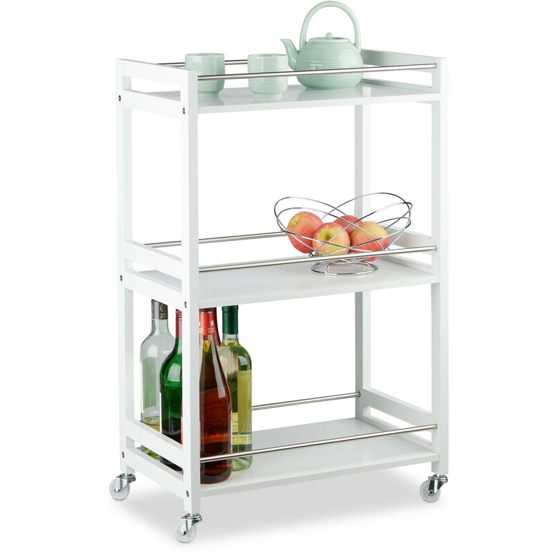 foto del prodotto carrello cucina con 3 ripiani, mobile con ruote, in bamb , legno mdf acciaio, hxlxp 80,5x51x30 cm, bianco relaxdays