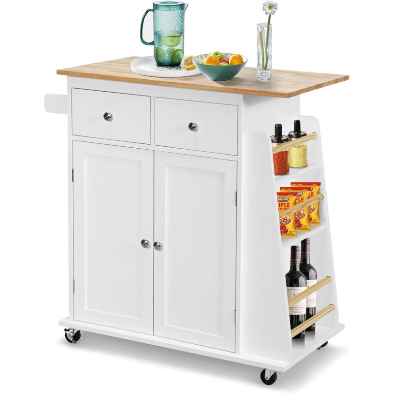 foto del prodotto carrello cucina con ruote, carrello di servizio con 2 cassetti e portaspezie, portasciugamani e 2 porte, ideale per casa ristorante e bar, 88x45x89,5