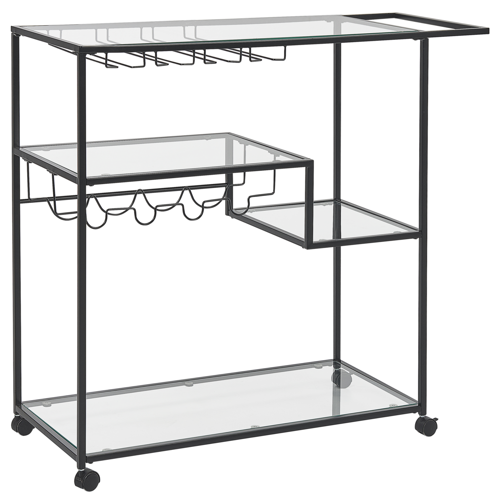 foto del prodotto carrello cucina ferro nero vetro temperato 86 x 40 cm ruote industriali con freni portabottiglie ripiani sala da pranzo