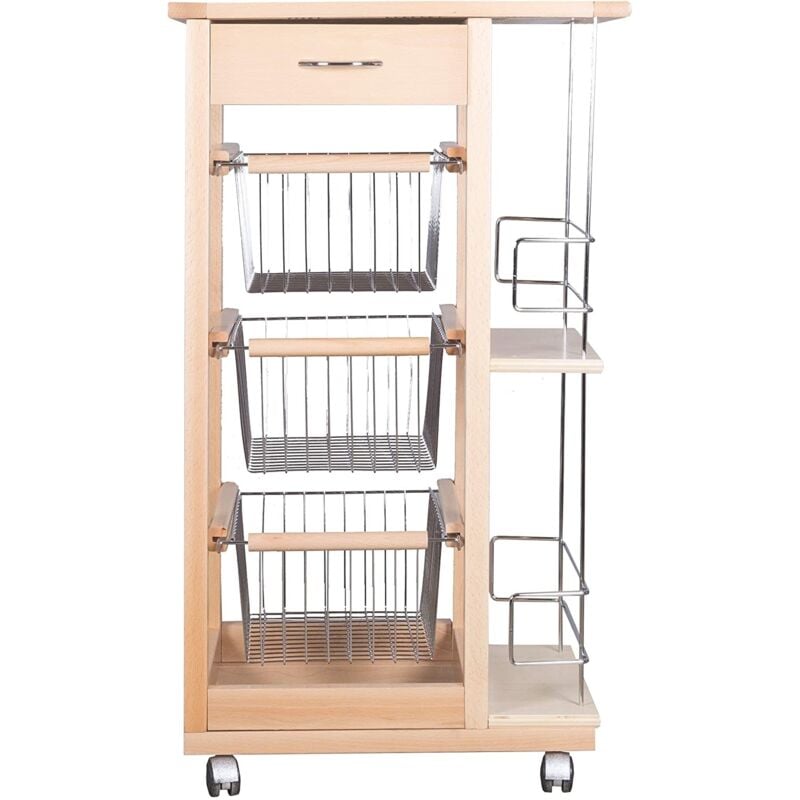 foto del prodotto carrello cucina in legno con cassetti ruote salvaspazio portapane portafrutta naturale