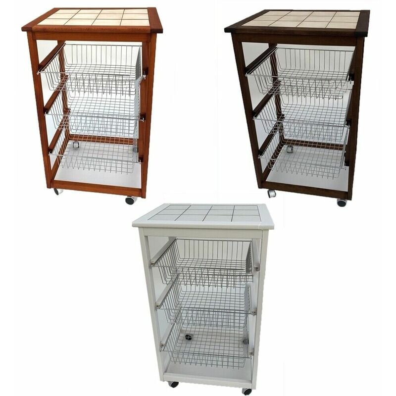 foto del prodotto carrello cucina in legno per porta frutta verdura 3 cestini acciaio e ripiano ma colorigenerali ciliegio