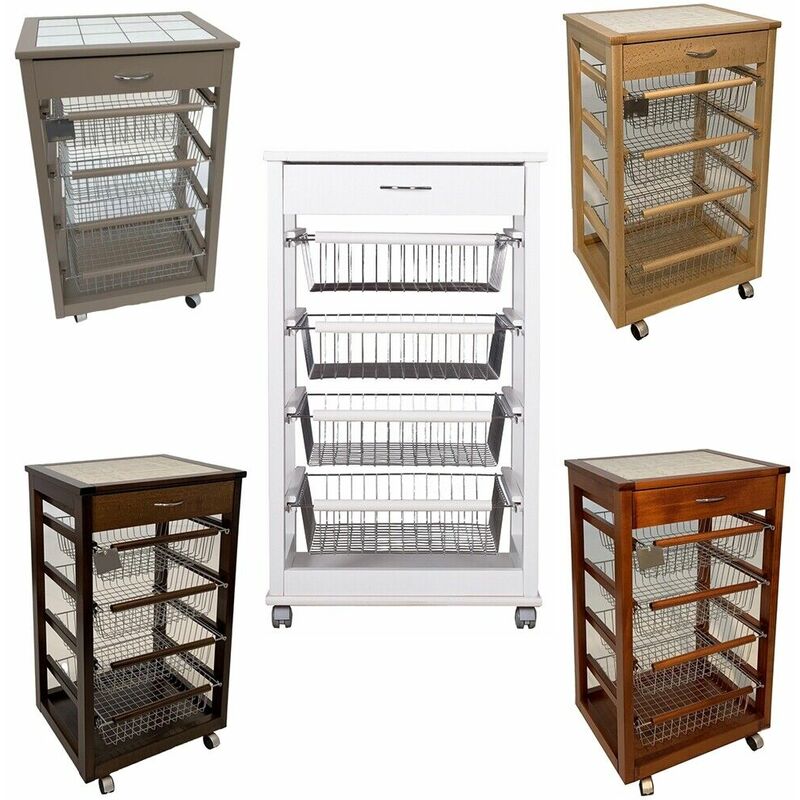 foto del prodotto carrello cucina legno per porta frutta verdura 4cestini cassetto ripiano mattonelle tortora ciliegio naturale bianco noce scuro colorigenerali 