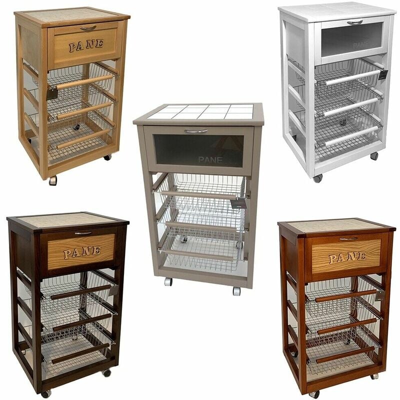 foto del prodotto carrello cucina legno per portaverdura 3cestini cassetto portapane ripiano mattonelle tortora ciliegio naturale bianco nocescuro colorigenerali 
