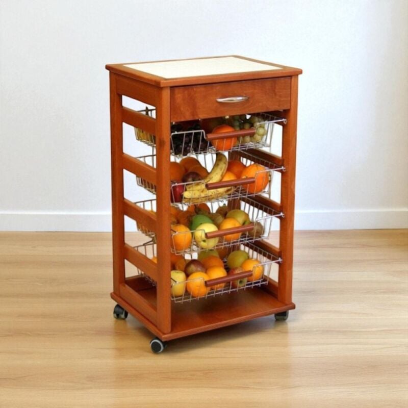 foto del prodotto carrello cucina portafrutta con cassetto portaoggetti ciliegio
