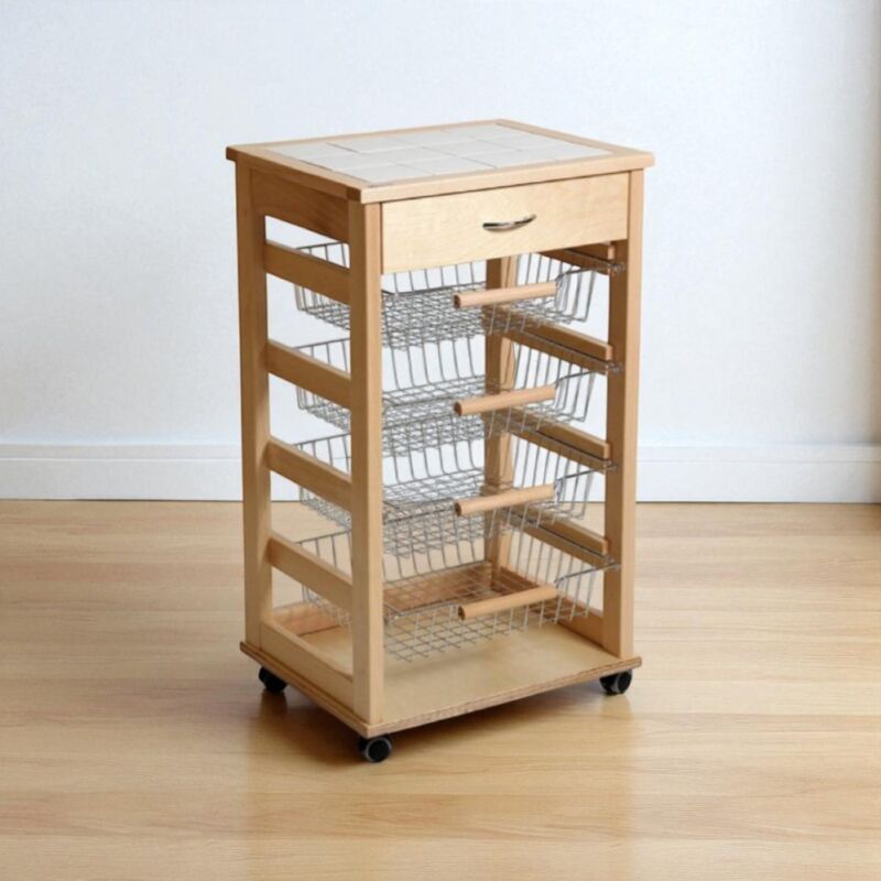 foto del prodotto carrello cucina portafrutta con cassetto portaoggetti naturale