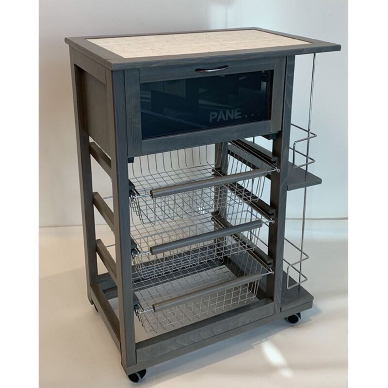 foto del prodotto carrello cucina salvaspazio in legno cassetti con ruote portapane portafrutta grigio
