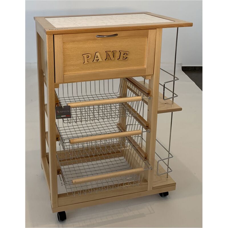 foto del prodotto carrello cucina salvaspazio in legno cassetti con ruote portapane portafrutta naturale