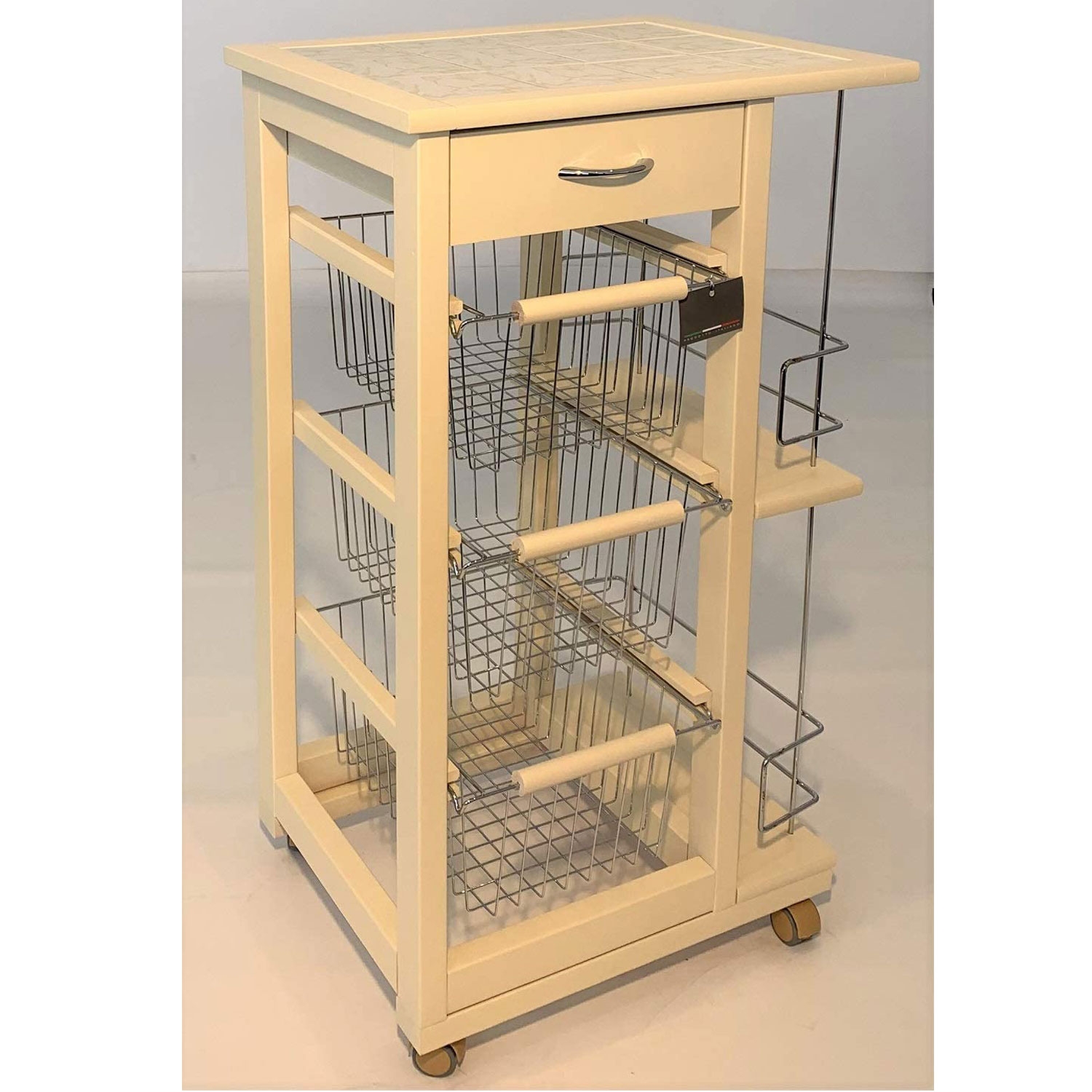 foto del prodotto carrello cucina salvaspazio in legno di faggio con cassetto e cesti contenitori portabottiglie vino 4 ruote girev avorio