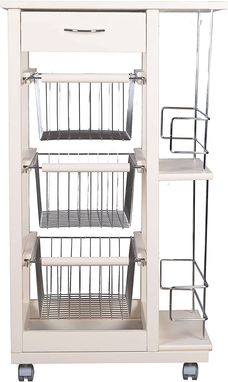 foto del prodotto carrello cucina salvaspazio in legno di faggio con cassetto e cesti contenitori portabottiglie vino 4 ruote girev bianco