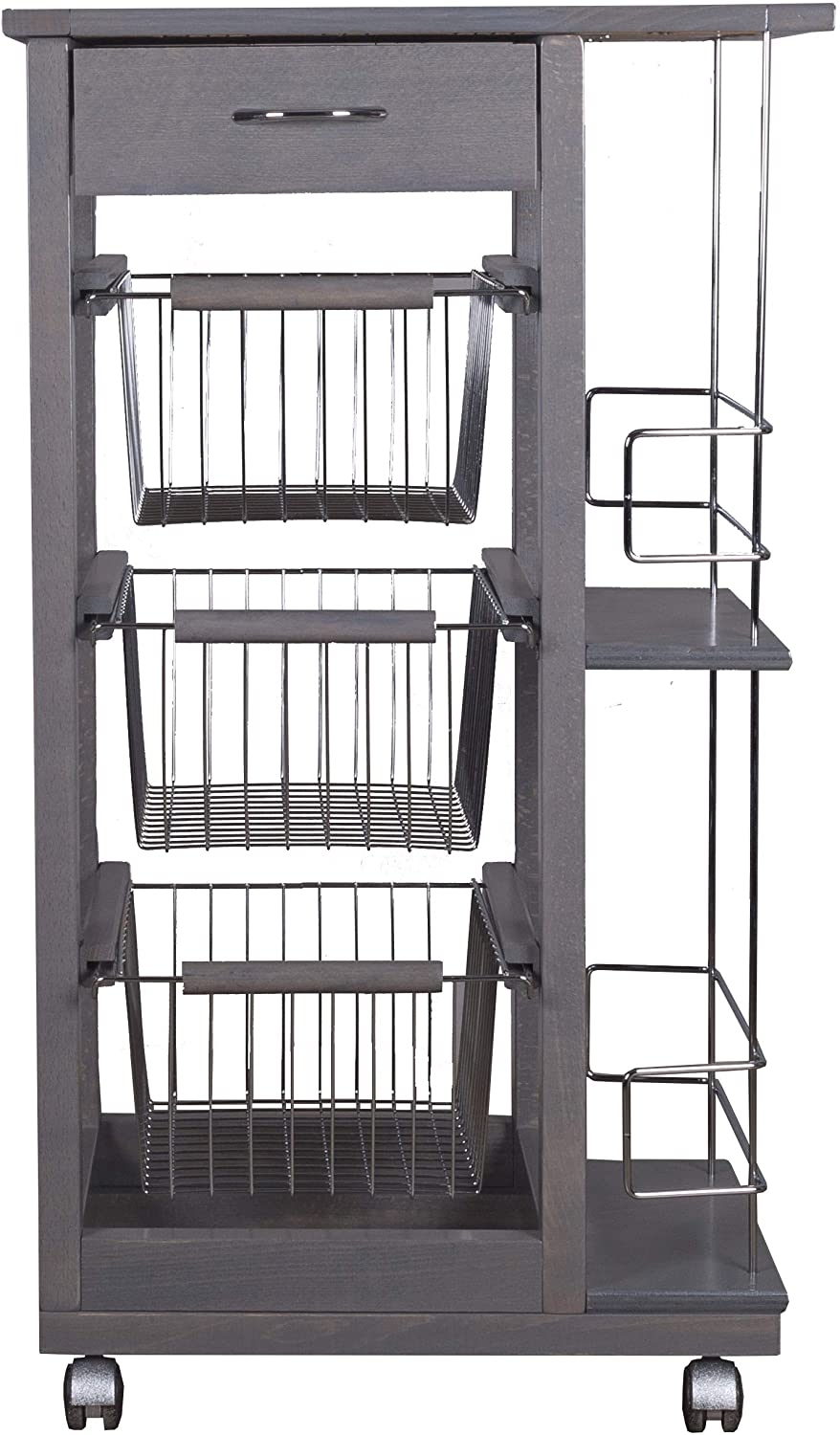 foto del prodotto carrello cucina salvaspazio in legno di faggio con cassetto e cesti contenitori portabottiglie vino 4 ruote girev grigio