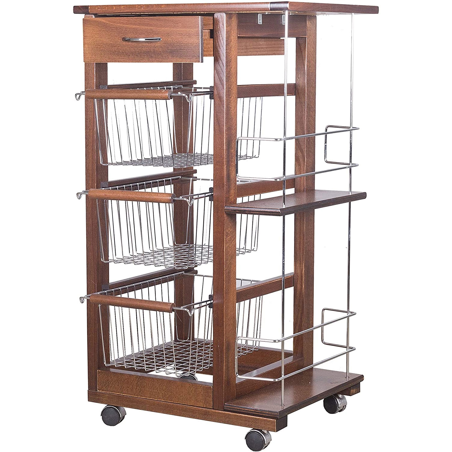 foto del prodotto carrello cucina salvaspazio in legno di faggio con cassetto e cesti contenitori portabottiglie vino 4 ruote girevol noce