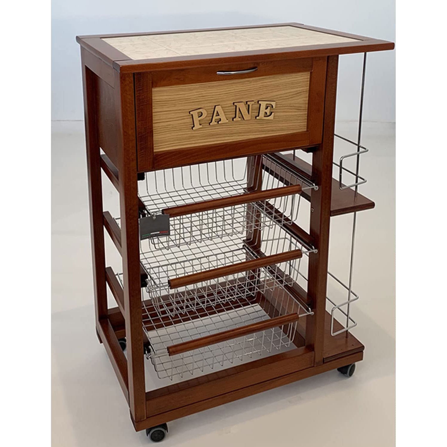 foto del prodotto carrello cucina salvaspazio in legno di faggio con cassetto e cesti contenitori portabottiglie vino 4 ruote girevol noce