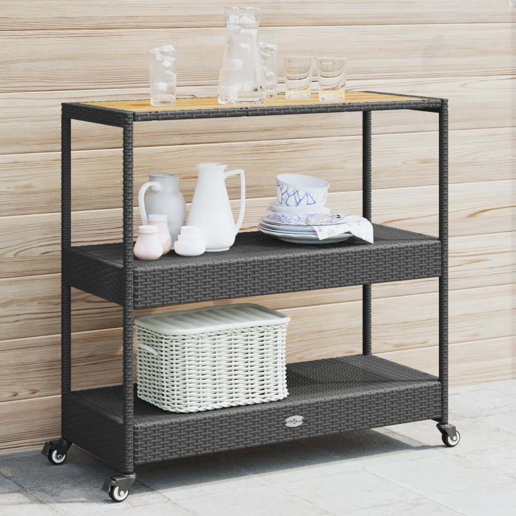 foto del prodotto carrello da bar 3 livelli nero in polyrattan e legno acaciacod mxl 117325