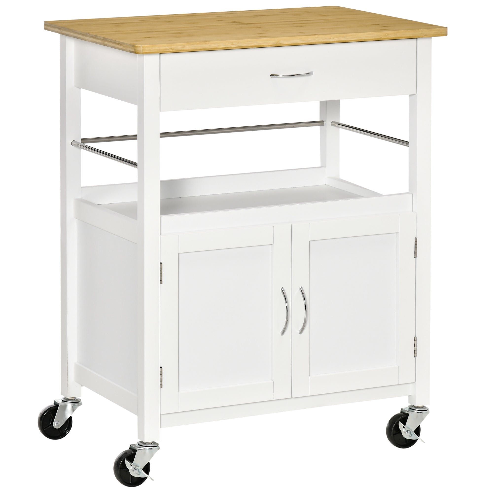 foto del prodotto carrello da cucina 1 cassetto 2 ante con ruote 73x50x91 cm piano in bambù bianco