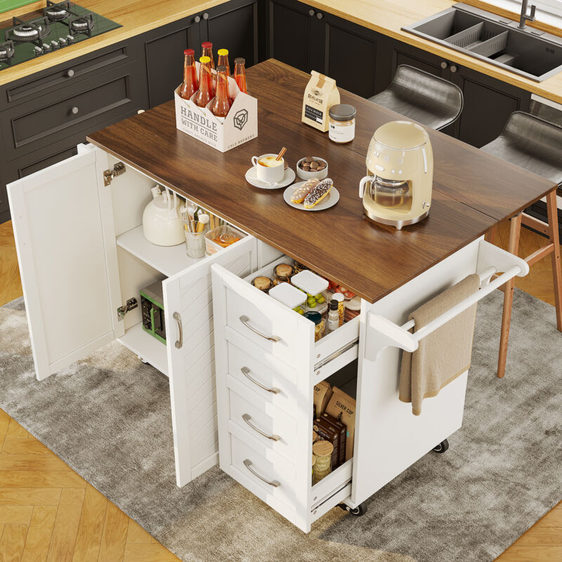 foto del prodotto carrello da cucina 107x40x93cm mobile cucina, ripiani regolabili, credenza buffet madie, piano tavolo venature legno, mdf, bianco naturale