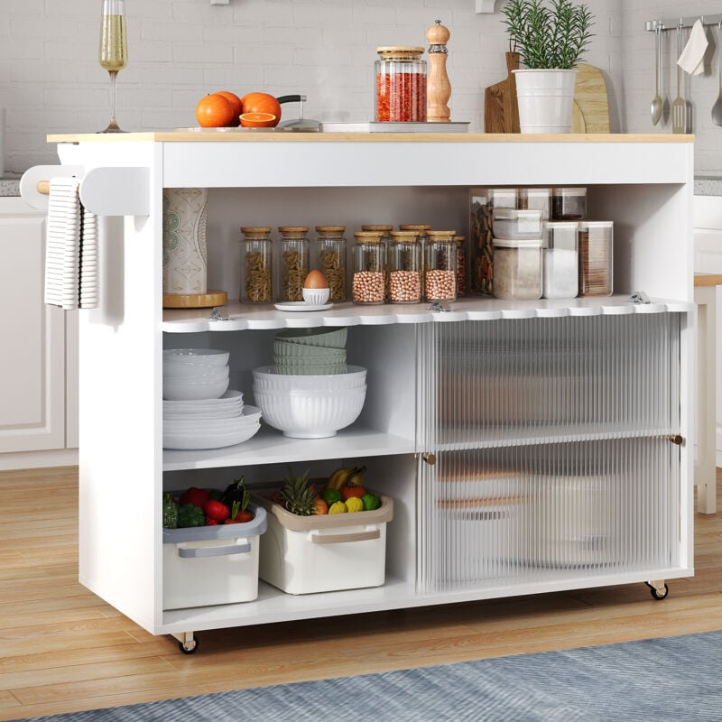 foto del prodotto carrello da cucina 112x46 69x91cm con porta scorrevole in vetro, ripiani regolabili, portasciugamani, mobile da cucina, credenza, mdf, bianco