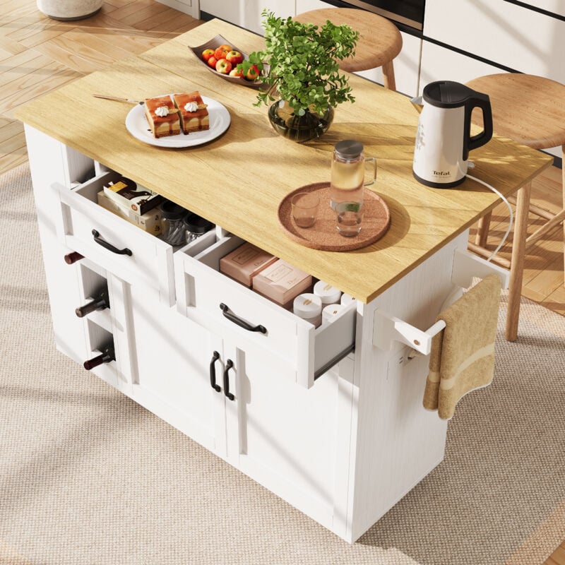 foto del prodotto carrello da cucina 131,5x43x90,7cm con 2 cassetti, credenza con portabottiglie, carrello da pranzo mobile con alimentatore, mdf e metallo, colore