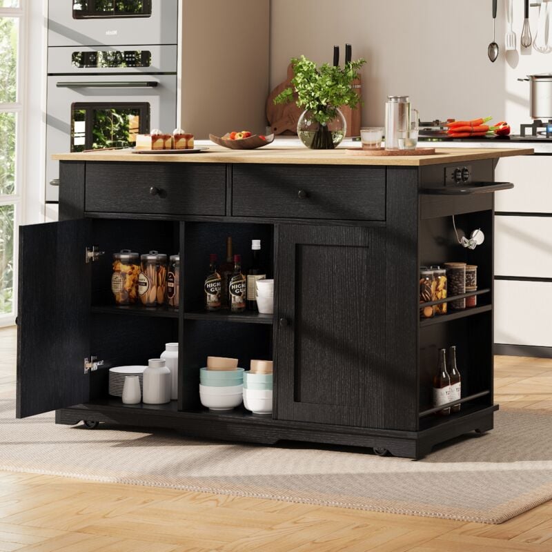 foto del prodotto carrello da cucina 151.5x59.7x91.7cm con 2 cassetti, credenza con portabottiglie, carrello da pranzo mobile con alimentatore, mdf e metallo, nero
